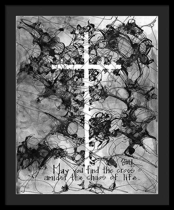 Chaos Order Cross 15 - Black and White - Framed Print