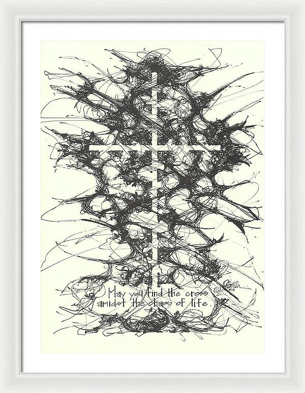 Chaos Order Cross 12 - Black and White - Framed Print