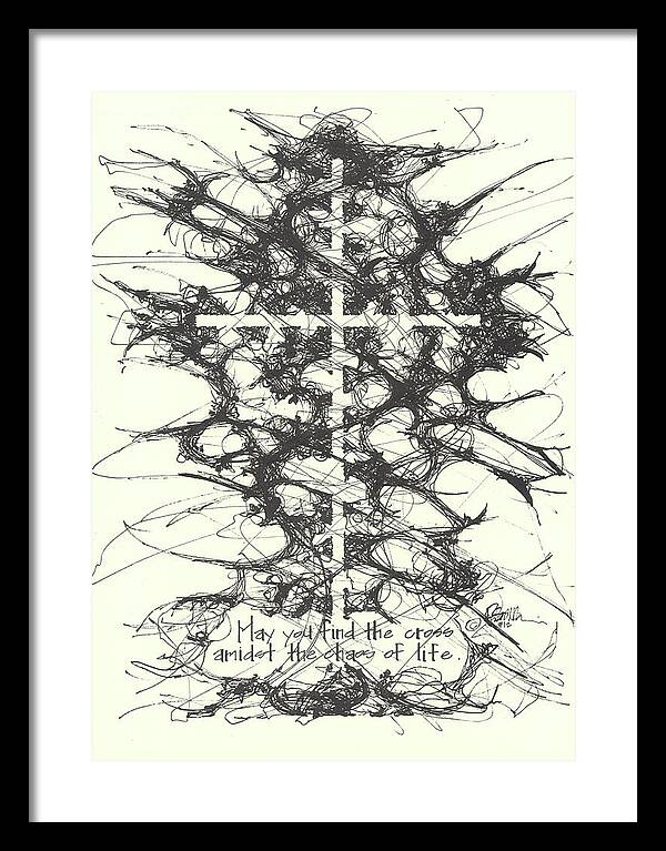 Chaos Order Cross 12 - Black and White - Framed Print
