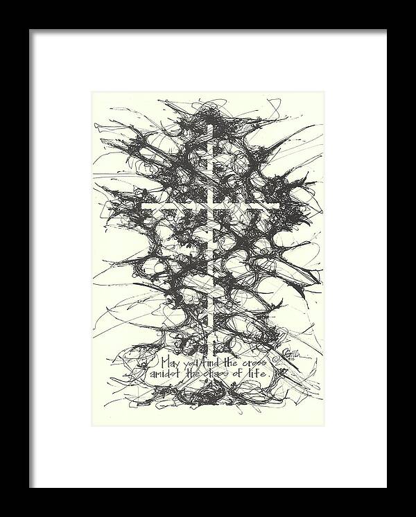 Chaos Order Cross 12 - Black and White - Framed Print