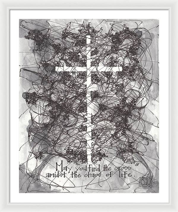 Chaos Order Cross 14 - Black and White - Framed Print