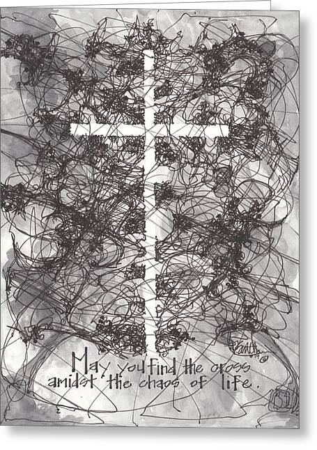 Chaos Order Cross 14 - Black and White - Greeting Card