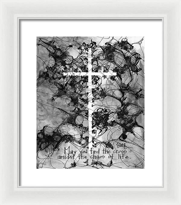 Chaos Order Cross 15 - Black and White - Framed Print