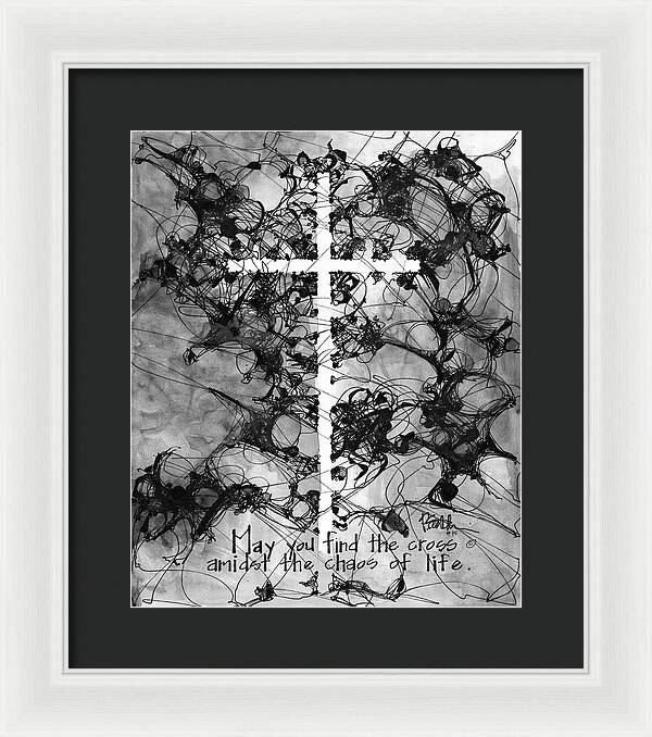 Chaos Order Cross 15 - Black and White - Framed Print