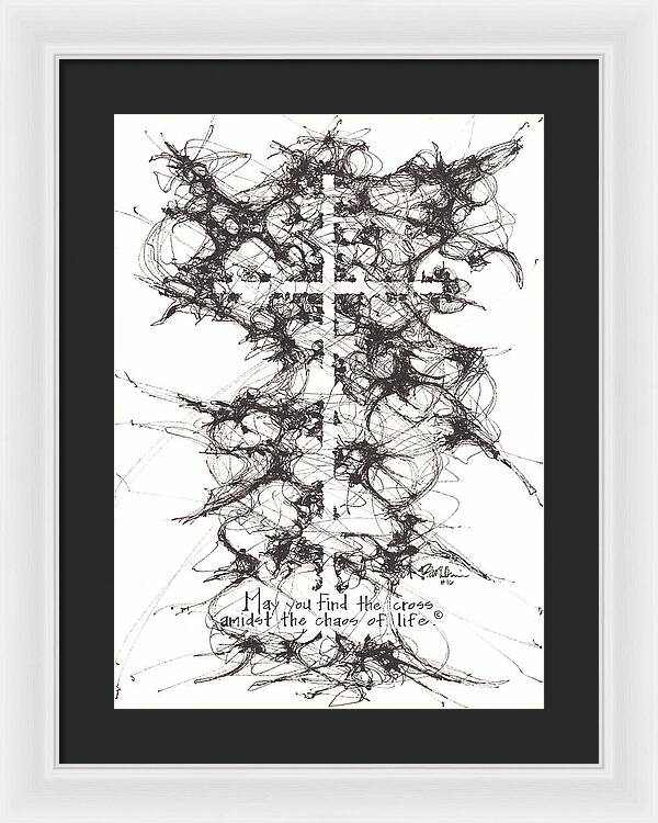 Chaos Order Cross 16 - Black and White - Framed Print